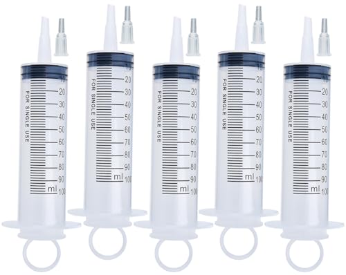 5 Pack 100ml Syringes with Tip Adapters, Large Garden Syringe for Scientific Labs, Nutrient Measuring, Watering, Refilling - size: 100 ml