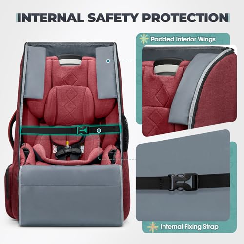 RAINSMORE Padded Car Seat Travel Bag for Airplane Car Seat Backpack, Red - color: Red&Black