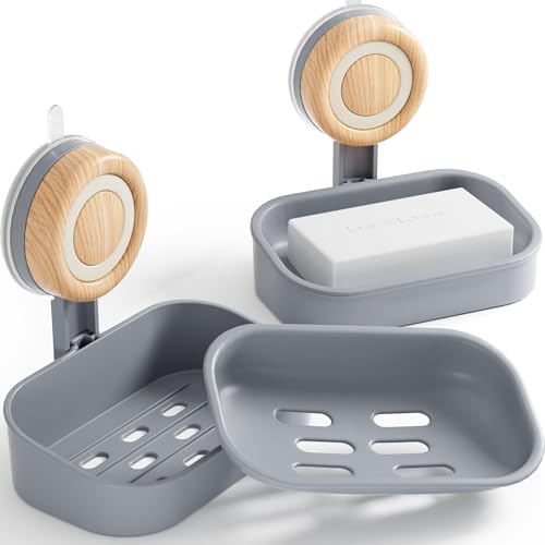 Double Layer Soap Dish for Shower 2 Pack, Wall Mounted Bar Soap Holder Suction Cup 2 Layer Self Draining Soap Case Sponge Holder for Shower Bathroom, Tub and Kitchen Sink, Grey - color: Grey