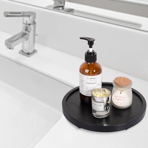 Round Decorative Tray Farmhouse Kitchen Decor Soap Dish, 9" Black | Waterproof, Lightweight, Easy Clean, Wood Riser Pedestal Stand Accessories for Office Desk, Vanity, Counter, Sink - color: Black, size: 9"