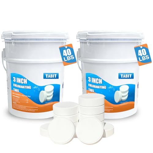 TABIT 80 lbs Chlorine Tablets 3 Inch for Swimming Pools – Slow Dissolving & Long Lasting – 90% Available Chlorine Tri-Chlor – Kills Bacteria & Stops Algae – 2 x 40 lb Buckets - size: 80 Pound