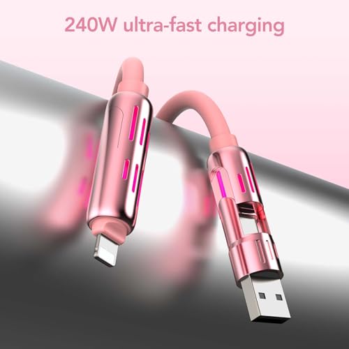 MFish 240W 4-in-1 Fast Charging Cable, Pink, 10FT | Carrying Case, USB-A & USB-C to USB-C/Lightning, For iPhone 17/16/15/14, MacBook, iPad, Laptop, Samsung S25/S24 - color: Pink, size: 10FT