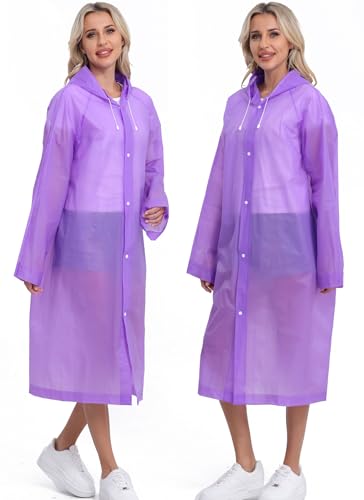 2-Pack Reusable Rain Ponchos for Adults, HOOMBOOM Raincoats Emergency for Women/Men with Drawstring and Sleeves - color: Purple