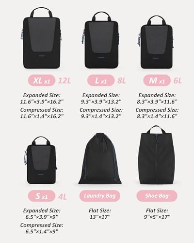 Bagsmart Compression Packing Cubes, Travel Bag Cruise Ship Essentials - color: Power Black, size: 6 Set
