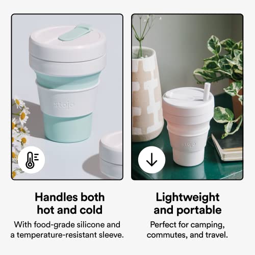 STOJO Collapsible Travel Cup Gift Set With Straw - 2-Pack, Mint Green & Quartz White, 16oz / 470ml - Reusable To-Go Pocket Size Silicone Cup for Hot and Cold Drinks - Microwave & Dishwasher Safe