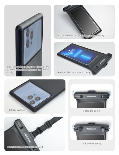 wellhouse Waterproof Phone Pouch, Waterproof Phone Case for iPhone 17 16 15 14 13 Pro Max XS Samsung, IPX8 3D Cellphone Dry Bag Beach Essentials (1 Pack - Black8.0, 8 inch) - color: 1 Pack - Black8.0"
