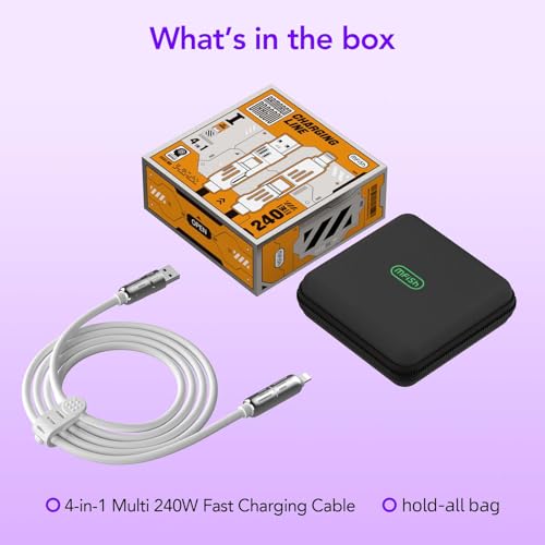 MFish 240W 4-in-1 Fast Charging Cable, White, 6.6FT | Carrying Case, USB-A & USB-C to USB-C/Lightning, For iPhone 17/16/15/14, MacBook, iPad, Laptop, Samsung S25/S24 - color: White, size: 6.6Ft