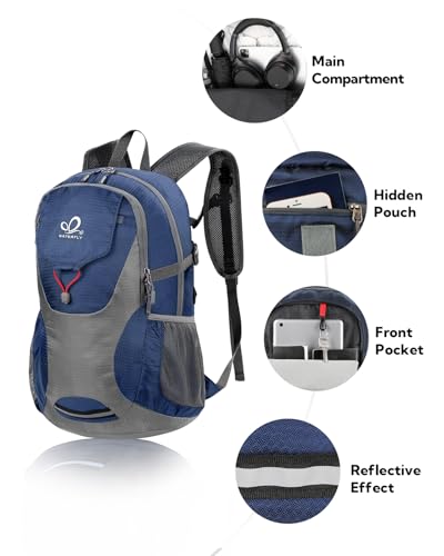 WATERFLY Lightweight Packable Hiking Backpack, 30L Day Pack Blue | Water Resistant Foldable Travel Daypack with Multiple Pockets, Wet Pocket, Ultralight Day Pack for Woman Man, Everyday Carry - color: Blue
