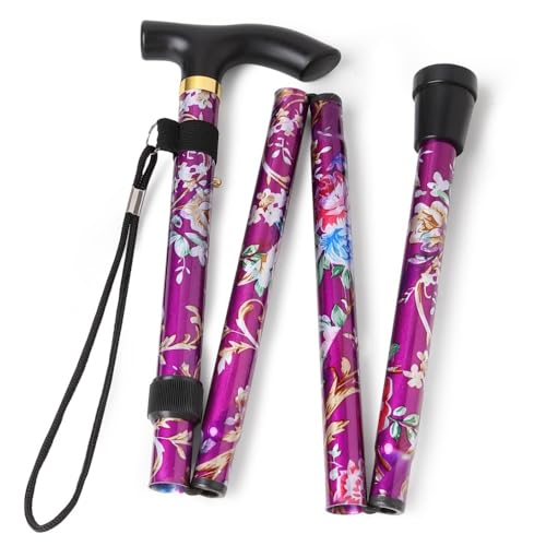 Folding Lightweight Walking Stick - Adjustable Aluminum Metal Collapsible Travel Cane with Non-Slip Rubber Base - color: Purple Floral