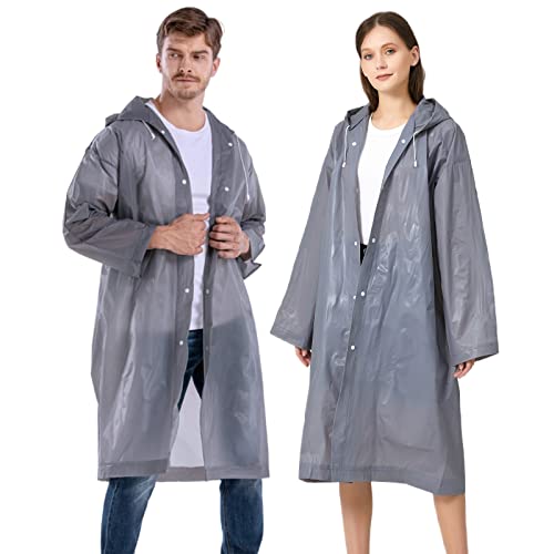 Rain Ponchos for Adults Reusable, 2-5 Pack Raincoat for Women Men, Waterproof Rain Coat Gear with Hood Drawstring - color: Grey X2