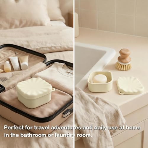 Silicone Travel Soap Case, Leak Proof Soap Dish Holder with Drainage, Shower Container for Kitsch Shampoo Bars & Standard Soaps Traveling Accessories for Gym Camping (White, Square) - color: White