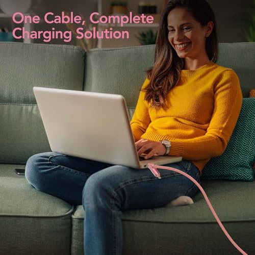 MFish 240W 4-in-1 Fast Charging Cable, Pink, 6.6FT | Carrying Case, USB-A & USB-C to USB-C/Lightning, For iPhone 17/16/15/14, MacBook, iPad, Laptop, Samsung S25/S24 - color: Pink, size: 6.6Ft