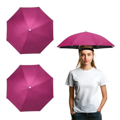 Umbrella Hat, Fishing Hat Hands Free Waterproof Adjustable Sun | Rain Cap Elastic Band Fit Camping - color: Rose Red