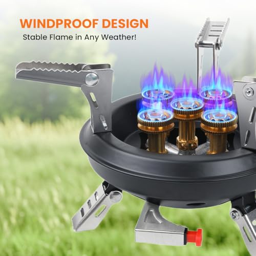 Portable Camping Stove with Propane Adapter - GEEKHOM 16000W Windproof Gas Stove Foldable Backpacking Stove, Piezo Ignition & Stable Pot Support for Outdoor Cooking Hiking