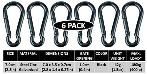 Black & Silver Zinc-Galvanized Heavy Duty Bushcraft Carabiner Spring Snap Clip Link Hooks 200-500lb Load 2, 6 & 12 Packs - color: 7cm (2.8in) Black 6 Pack
