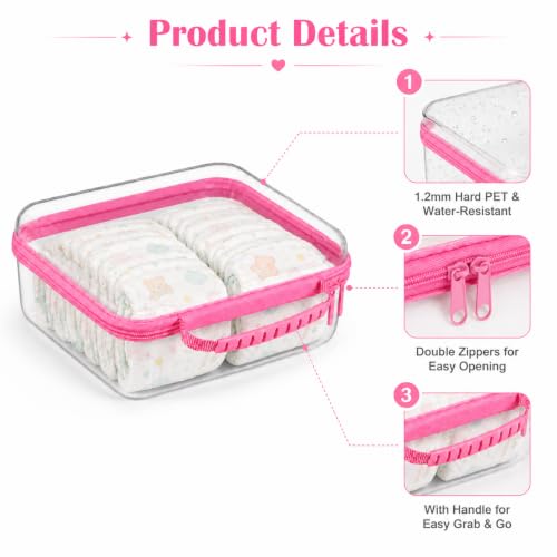 3 Pack Deep Clear Hard Shell Zipper Cases with Handle (Pink) | Travel Toiletry Bag, Waterproof 1.2mm PET Hard Plastic Pouches, Organizer Box for Makeup, Toy, Snack, Stationery, Diaper - color: Pink Handle(L+M+S)