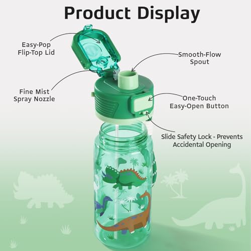 20 oz 2-In-1 Mist and Sip Water Bottle for Kids, Dinosaur - color: Dinosaur