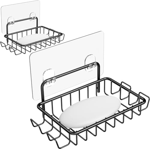 Nieifi Soap Dish,Bar Soap Holder for Shower Wall with 4 Hooks Stainless Steel Adhesive Soap Dish for Bathroom Shower Razor Holder (Black) | Stainless steel, 2 pack, razor holder, soap dish for shower, wall mounted, soap caddy, sponge holder, rustproof, bl
