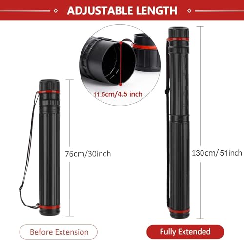 DEWEL Poster Tube 30"-51", Telescoping Blueprint Holder Art Tube with Strap - color: Black (Striped), size: X-Large