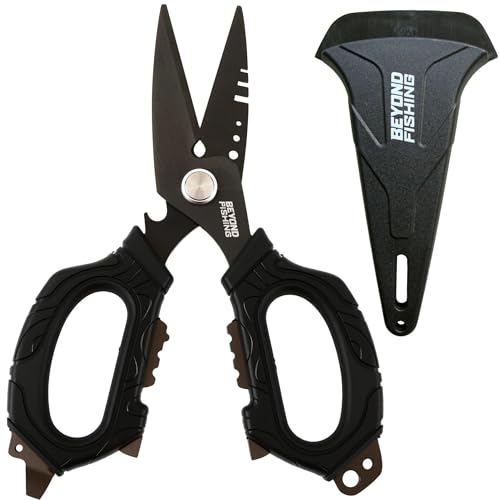 Beyond Fishing 6.5" Pro Fishing Shears Dual Serrated Blades, Fishing Braided Line Scissors with Titanium Coating, Non-Slip Grip & Multifunction Tool, Includes Hard Molded Locking Sheath - color: Omnipro - Black