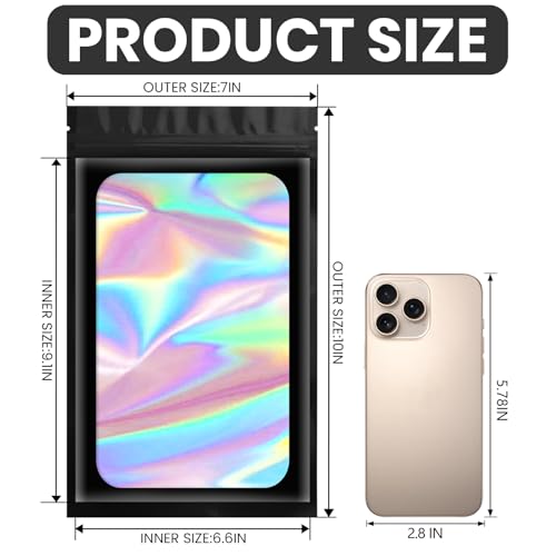 Funfery 100pcs Mylar Holographic Bags-Resealable Zipper&Clear Window (Black, 7 x 10 Inch) - color: Black, size: 7 x 10 Inch