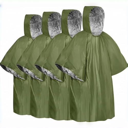 Emergency Poncho with Mylar Blanket Liner for Survival Gear, Waterproof, Wind-Resistant Green Rain Poncho for Outdoors, Camping, and Car Emergency Kits - Thermal Poncho- 4 Pack