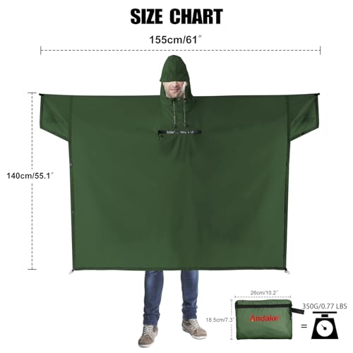 Andake Waterproof Rain Poncho for Adults Unisex,230T Ripstop Polyester,Raincoat Gear with Transparent Viewing Window Outdoors - color: Dark Green