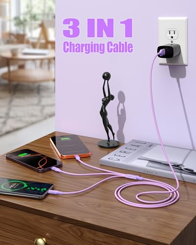 3 in 1 Multi Charging Cable for Multiple Devices Fast Charge cord 2Pack 4FT | Car Travel Essentials,MFI Certified Universal Phone Charger with Type C/Micro USB/IP for iPhone17-5 iPad Android Purple - color: Purple-4ft