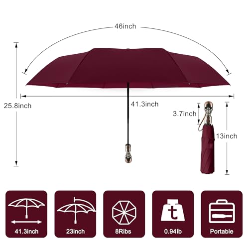 Skull Handle Windproof Travel Umbrella Compact Portable, Auto Open Close | Luxury Gothic Skull Grip with One-Touch Automatic Open, Wind Resistant and Sturdy for Rain, Lightweight to Carry Daily - color: 07.Wine Red