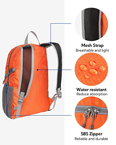 WATERFLY Small Lightweight Packable Backpack: 20l Hiking Daypack Man Woman | 20L,Recycled nylon material,Multi-compartment storage,Water-resistant,Everyday carry,Ultra Light Foldable Travel Day Pack - color: Orange