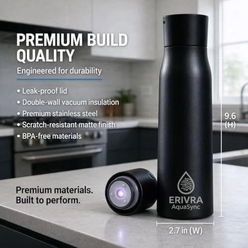 AquaSync Smart Self-Cleaning Water Bottle 17oz Vacuum Insulated Stainless Steel with UV-C Light Technology LED Temperature Display & USB-C Rechargeable Battery