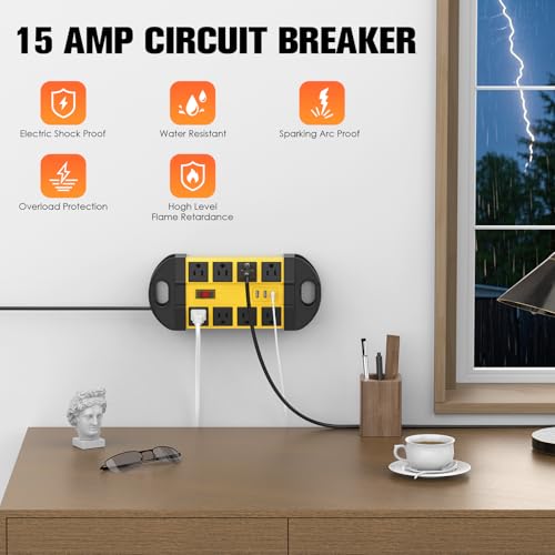 HHSOET Outdoor Weatherproof 8 Outlet Power Strip, IPX6, Yellow, 10FT | Outdoor Power Strip, IPX6 Waterproof Surge Protector, 2 USB-A 1 USB-C Ports, for Outdoor Patio Garden Porch Garage - color: Yellow, size: 10ft