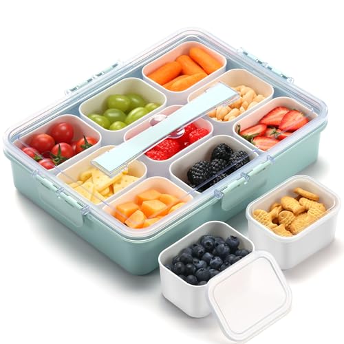 Snackle Box Container for Adults with 9 Compartment, Divided Serving Tray Snack Box Containers with Lid and Handle, Charcuterie Boxes Portable Snack Platter for Fruit Veggie Party Travel, Green - color: Green