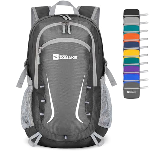 ZOMAKE Lightweight Packable Backpack 35L, Foldable Backpacks Water Resistant Collapsible Light Daypack for Hiking(Medium Grey) | Light Hiking Backpacks Water Resistant Collapsible Day Pack for Travel, Everyday Carry, Multi-Pocket Layout, Heavy Duty Nylon