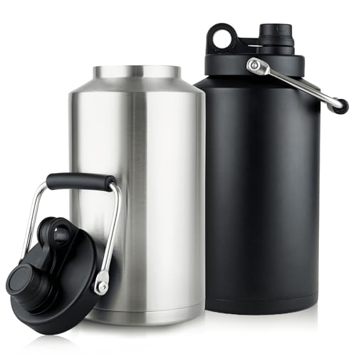 1 Gallon Water Bottle Insulated Stainless Steel Keeps Ice 48Hr, Large Water Gallon Jug Wide Mouth Leakproof Vacuum for Gym, Camping, & Construction Stainless Steels + Black - color: Stainless Steels + Black (2 Packs)