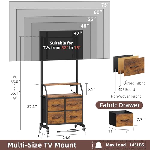 GYIIYUO Rolling TV Stand with Mount & 4 Fabric Drawers for 32-75 inch TVs | Holds up to 145 lbs with lockable rolling wheels, built-in 2 AC outlets and USB charging, great for apartments and bedrooms - color: Rustic Brown