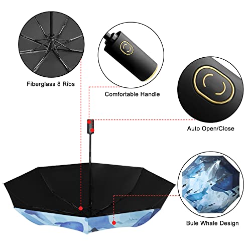 Cuby UV Sun Umbrella Compact Folding Travel Umbrella Auto Open and Close for Windproof, Rainproof & 99.9% UV Protection Parasol with Black Anti-UV Coating (Blue Whale) - color: Blue Whale