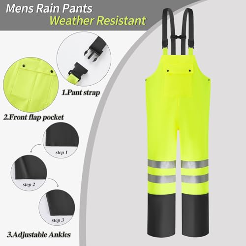 Rain Suits for Men Waterproof Heavy Duty,Reflective Rain Gear Jacket and Bib Overalls for Outdoor Fishing Construction - color: Yellow, size: Large