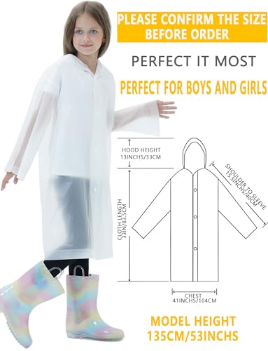 2 Pack Raincoats for Kids, Reusable Rain Ponchos with Hood and Sleeves Rain Coats for Boys and Girls - color: A-white