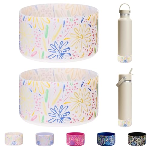 WK IEASON Protective Silicone Base Boot for Hydro Flask 12-24 oz Wide and Standard Mouth bottles, Anti-Slip Sleeve Cover Bumper for Hydro Water Bottle Accessories-2.83inch Bottom Diameter - color: 2pcs Flower Clear, size: 24 Ounces