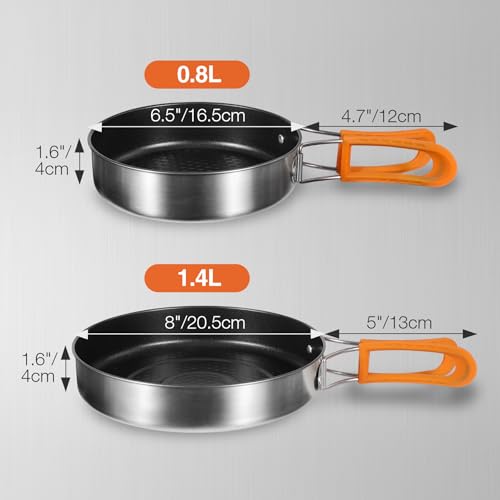 REDCAMP 2Pcs Nonstick Frying Pan Set, Stainless Steel Camping Skillet with Foldable Handle for Easy Storage, Lightweight Portable Cooking Pan for Egg Steak Outdoor Kitchen Backpacking