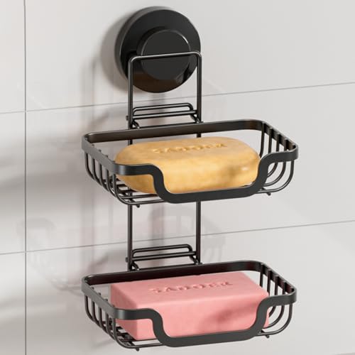 Bar Soap Holder with Hooks, Suction Cup Soap Dish Stainless Steel | 2 Layer Soap Holder Shower Wall Mounted, Soap and Razor Holder for Shower, Rustproof for Bathroom, Sponge Holder Saver - color: Black, size: 2 Tire