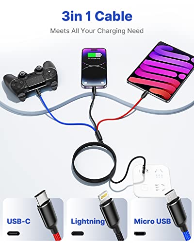 Aioneus Multi Charging Cable, Nylon Braided 3 in 1 Charging Cord Multi USB Cable Fast Charging Cord with Type-C, Micro USB and IPh Port, Compatible with Most Phones & iPads - color: Black, size: 3 in 1 4FT 2PACK