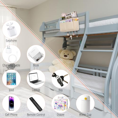 Bedside Caddy Organizer 5 Pockets and 4 Hooks for Bunk Bed Beige - color: Beige