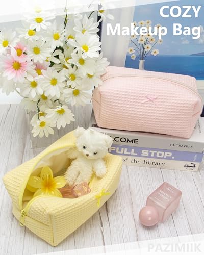 Cozy Makeup Bag for Women,Zipper Cosmetic Pouch,Waffle Yellow,2 Pack - color: Waffle Yellow