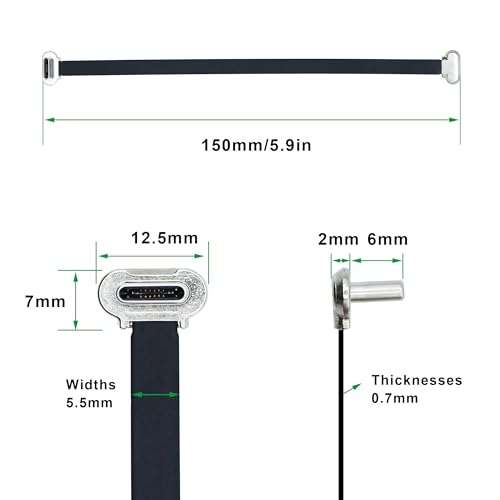90 Degree USB C Short Flat Cable Dual Angle USB C Male to Male PD 65W Fast Charge Data Cord for Power Banks Phone Tablet(150mm/5.9in) - size: 5.9 inches