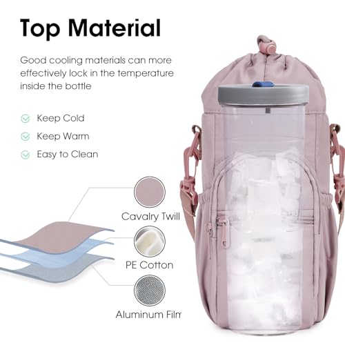 sportsnew 40oz Insulated Crossbody Water Bottle Bag Gym Hiking Phone Pocket | Water-resistant Lining, Padded Strap, Top Handle, Drawstring, Phone Pocket, Elastic Slots, Built-In Key Clip for Gym Walking - color: Pink