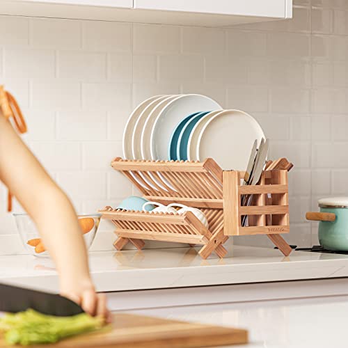 HBlife Dish Rack, Bamboo Folding 2-Tier Collapsible Drainer Dish Drying Rack with Utensils Flatware Holder Set (Dish Rack with Utensil Holder) - color: Bamboo-2 Tiers