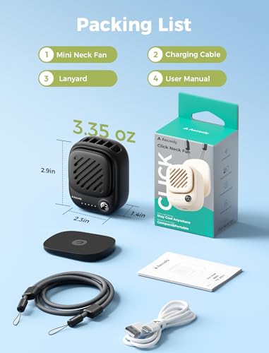 Aecooly Mini Portable Neck Fan, Mighty Hands Free Fan, Magnetic Fit - color: Black, size: Magnetic