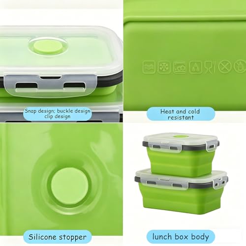 2 Pcs Collapsible Silicone Bowls with Lids, 500ml & 800ml Rectangular Foldable Food Storage Containers, Reusable Meal Prep Bowls, Microwave Freezer Safe, Ideal RV Camping Travel Accessories,Green - color: Green